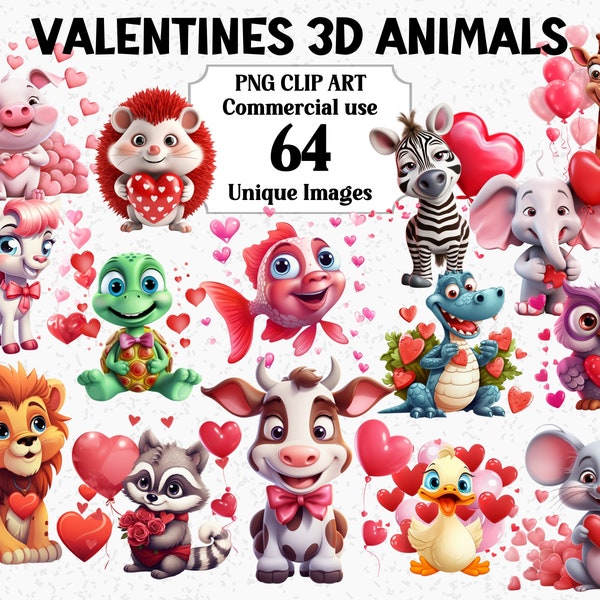 Valentines Day 3D style Animals, Watercolor Clipart, Instant Download Commercial use Transparent PNG Red Cow Cat Dog Mice Sublimation Bundle