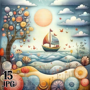Scene di mare eccentriche Clipart Sfondo spiaggia colorato e stravagante Carta digitale Download istantaneo Paesaggi sul lungomare Pacchetto JPG commerciale