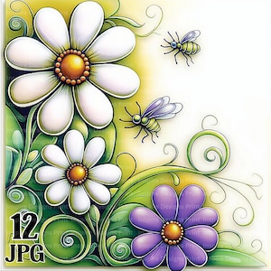 May include: Digital illustration featuring white daisies with yellow centers, purple flowers, green leaves, and two cartoon bees. The image has the text "12 JPG" in the lower left corner. The background is a gradient of yellow and white.