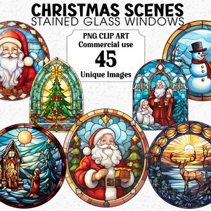 Clipart de vitraux de Noël, créations numériques et papier, téléchargement immédiat de scènes de Noël, lot de PNG transparents à sublimation