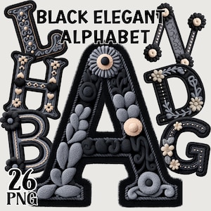 May include: Black Elegant Alphabet design featuring letters A, B, D, G, H, and V. Each letter is intricately designed with black, gray, and cream-colored floral and textured elements. The image includes the text "BLACK ELEGANT ALPHABET" and "26 PNG".
