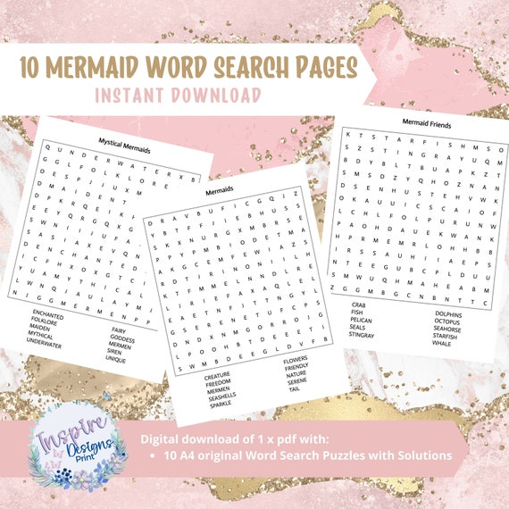 10 MERMAID Word Search Activity Pages Printable Puzzles for Etsy