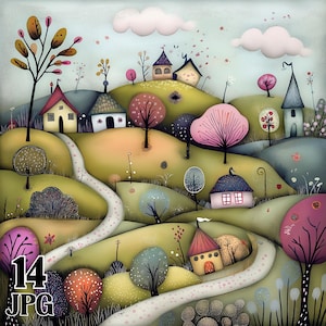 Clipart Paisagens Caprichosas Encosta Cenário Caprichoso Artesanato Digital e em Papel Download Instantâneo Fundos Abstratos Divertidos Pacote JPG Comercial