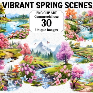 Images clipart aquarelle de scènes de printemps vibrantes, créations numériques/papier, téléchargement immédiat, utilisation commerciale, lot de sublimation PNG floral transparent