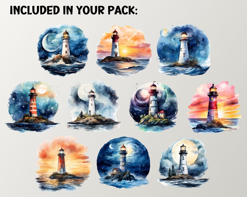 Night Lighthouses Watercolor Clipart, Digital & Paper Craft, Instant ...