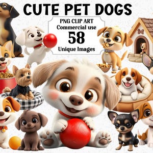 Imágenes prediseñadas de perros lindos en estilo 3D, gráficos de uso comercial de hueso de bola de perrera para cachorros, paquete de gráficos PNG de sublimación transparente de animales familiares