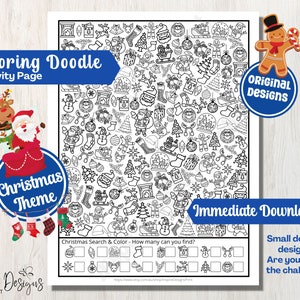 May include: A black and white printable colouring page featuring a Christmas-themed 'I Spy' game with a variety of holiday icons. The page includes a section for counting how many of each icon can be found. The text 'Christmas Search & Color - How many can you find?' is included on the page.