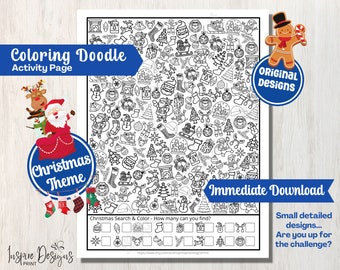 Christmas Search & Color Doodles - I SPY Printable Counting Page - Adults and Kids Holiday Vacation Birthday Party Activity Craft Sheet