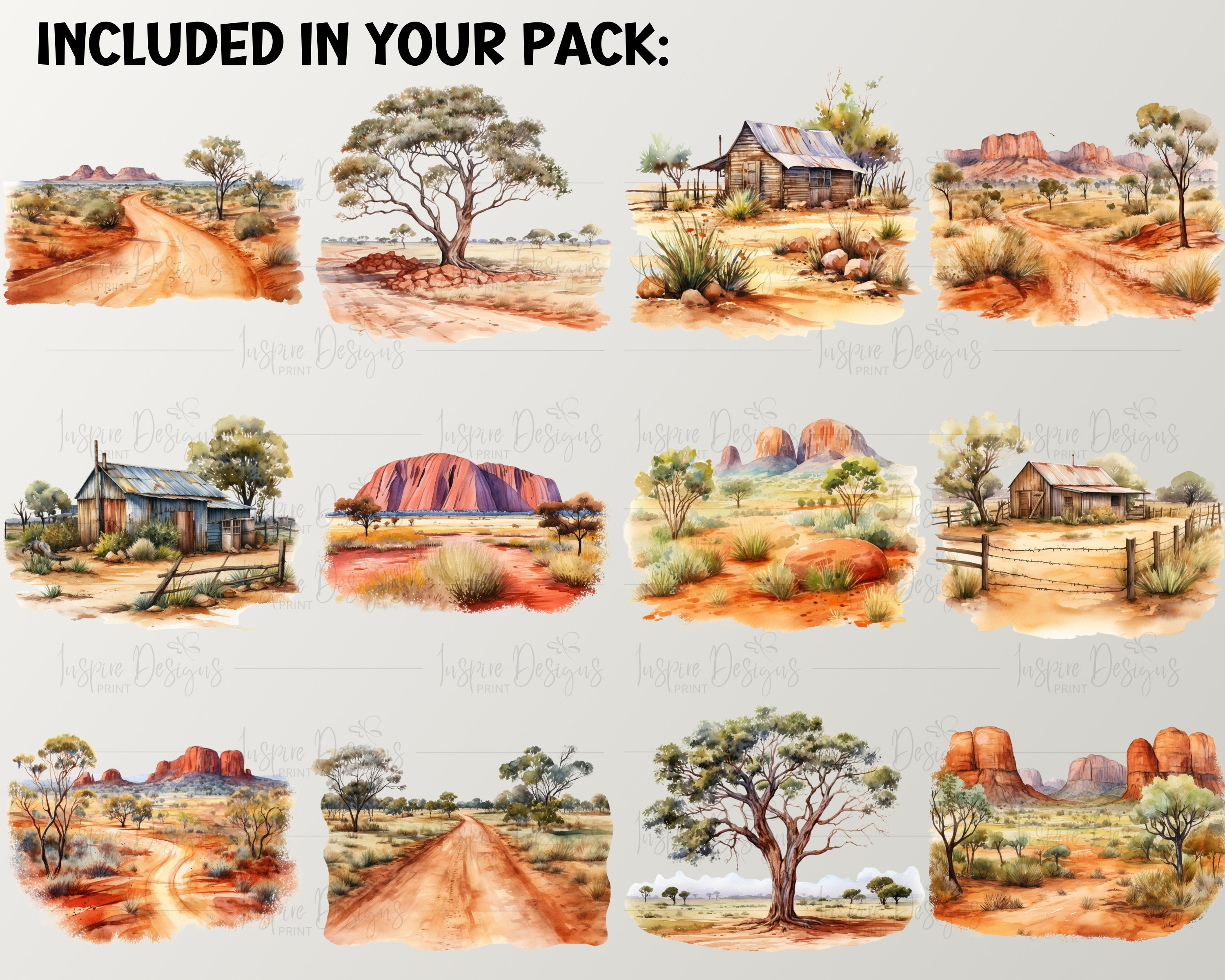 Outback Australia Watercolor Rural Aussie Country Clipart, Uluru, Silos ...