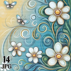 Puede incluir: Una ilustración digital que presenta flores blancas con centros amarillos y dos mariposas sobre un fondo azul y beige con remolinos. El texto "14 JPG" aparece en la esquina inferior izquierda, superpuesto a una marca de agua "Inspire Designs Print".