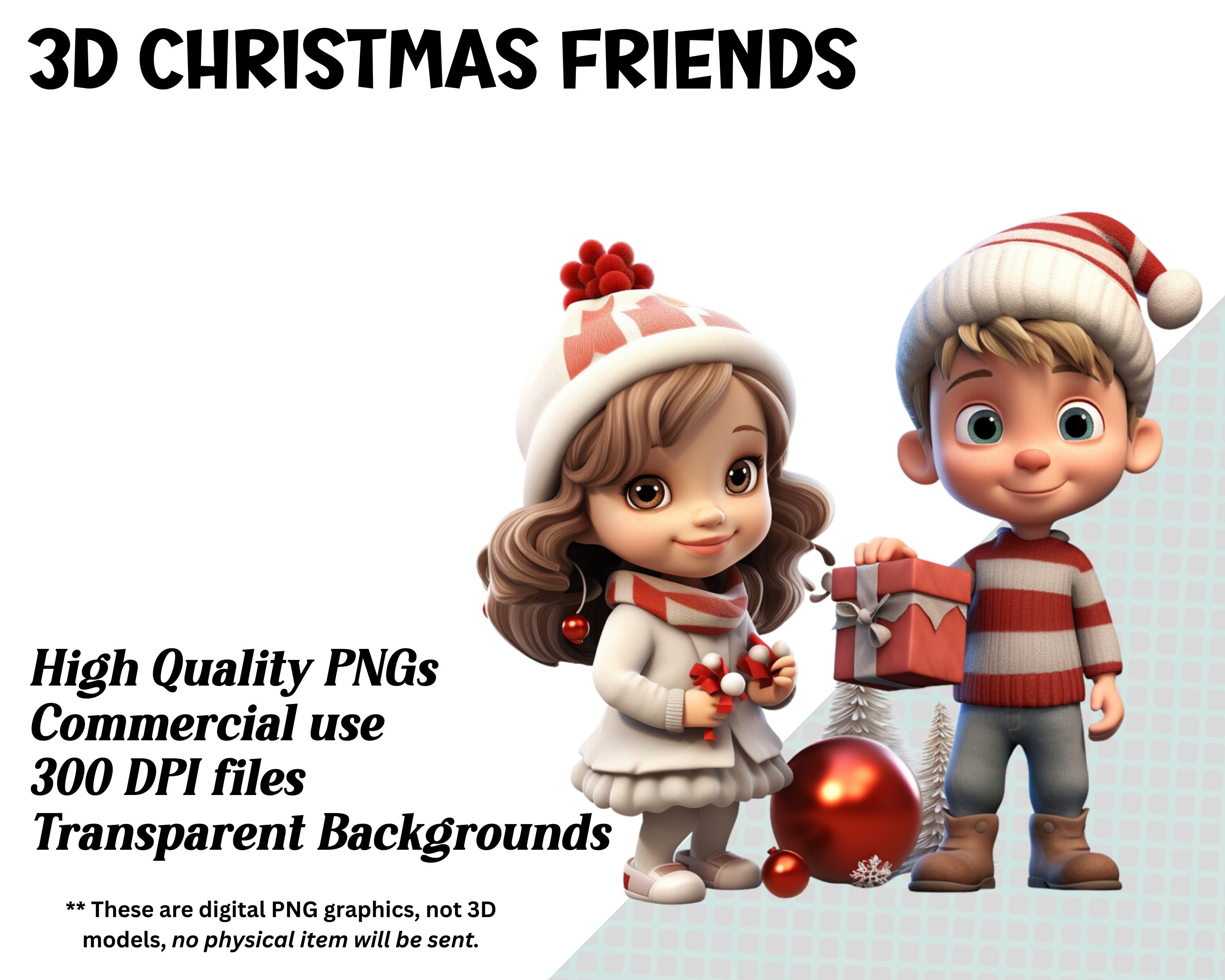 3D Style Cute Christmas Friends PNG Clipart, Instant Download