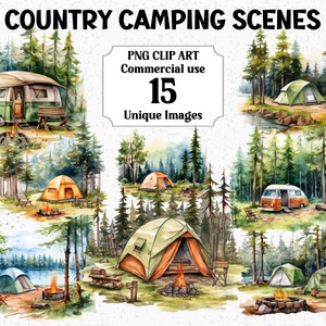 Imágenes prediseñadas de acuarela de escenas de acampada campestre, sublimación digital de carpas, bosques y naturaleza, descarga instantánea, uso comercial, paquete PNG transparente.