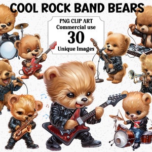 Cool groupe de rock ours des cliparts, téléchargement immédiat, musique guitare batterie saxophone chanteur, anniversaire jazz mignon, sublimation paquet PNG transparent