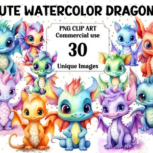 Clip Art de dragões fofos em aquarela, artesanato digital/em papel, animal bebê arco-íris de fantasia, download instantâneo, uso comercial, clipart PNG transparente