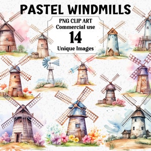 Pastell Windmühlen Aquarell Clipart, Digital & Papier Handwerk, Sofort Download, kommerzielle Nutzung Transparent PNG Sublimationspaket