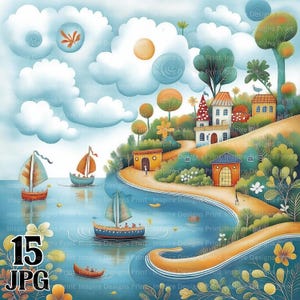 Witzige Seeufer Szenen Clipart Bunt skurril Hintergründe Digitales Papier Sofortiger Download Spaß Wasserlandschaften kommerzielle JPG-Bundle