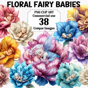 Floral Feen Babys Aquarell Clipart, digitales Handwerk Sofort-Download, kommerzielle Nutzung, transparente Blumen Feen Sublimation PNG Bundle