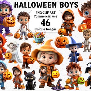 3D Style Cute Little Halloween Boys Children Clipart, Commercial use Kids Spooky People Friends Transparent Sublimation PNG graphics bundle