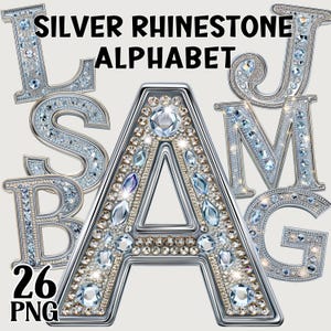 May include: Silver rhinestone alphabet letters, including A, B, G, J, L, M, and S. The letters are silver with clear and blue rhinestones. The text "SILVER RHINESTONE ALPHABET" is at the top. The text "26 PNG" is at the bottom.
