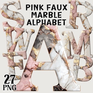 Op de afbeelding: Een verzameling roze faux marmeren alfabetletters, waaronder de letters S, W, F, A, R, M en B. De letters hebben een wit, roze en goud geaderd ontwerp. De afbeelding bevat ook de nummers 27 en de letters PNG.