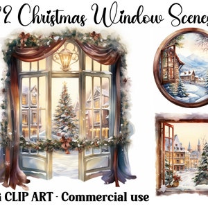 Scene di Natale con finestre, Clip Art ad acquerello, Artigianato digitale e cartaceo / Download immediato di sfondi invernali stagionali di Natale, JPG per uso commerciale