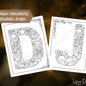 May include: Two printable coloring pages featuring the letters D and J. Each letter is surrounded by intricate floral designs. The pages are black and white and ready to be colored.