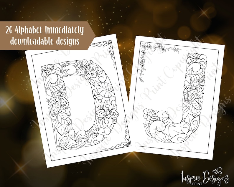 May include: Two printable coloring pages featuring the letters D and J. Each letter is surrounded by intricate floral designs. The pages are black and white and ready to be colored.