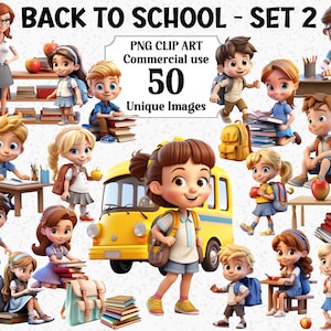 3D Style Back to School Clipart Set2, Commercial use Children People Teachers Kids, Daughter Son Bag Desk Transparent Sublimation PNG bundle