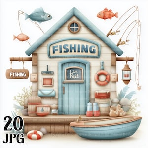 May include: Watercolor illustration of a fishing shop with a blue and white color scheme. The shop has a sign that says "FISHING" and a door that says "Live Bait". There is a small boat and fishing rods.
