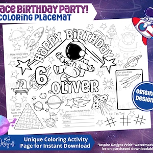 May include: Black and white printable coloring page featuring a space-themed birthday party. The page includes a rocket, astronaut, stars, planets, a maze, a tic-tac-toe game, and the words "Happy Birthday" and "Oliver".