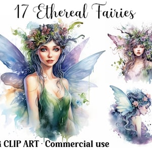 Scènes de clipart aquarelle fées éthérées, création numérique de conte de fées fantastique, lot d'arrière-plan en téléchargement immédiat, graphiques JPG pour un usage commercial