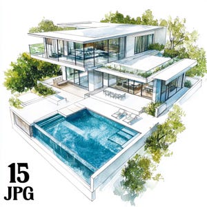 Clipart Case moderne di lusso Carta digitale Belle case a schiera Download istantaneo Ricchi sfondi per case e giardini con piscine Pacchetto JPG commerciale