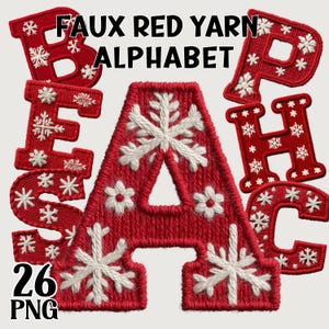 May include: A collection of red faux yarn alphabet letters with white snowflake and flower embroidery. The letters spell out "BEACH" and are part of a 26 PNG set. The letters are designed with a textured, stitched appearance.