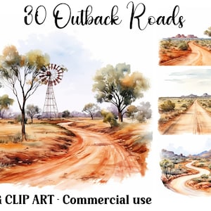 Outback Roads akwarelowe clipart sceny, cyfrowe i papierowe rzemiosło, natychmiastowe pobieranie sezonowych odległych pustynnych tła, komercyjne użycie JPG