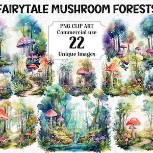 Clipart di paesaggi ad acquerello di foreste di funghi da favola, scrapbooking, biglietti, artigianato digitale, download istantaneo, bundle di sublimazione PNG trasparente