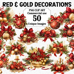 Czerwone i złote ozdoby świąteczne akwarela clipart sublimacja pakiet, cyfrowe rzemiosło, natychmiastowe pobieranie komercyjne użycie przezroczyste Xmas PNG
