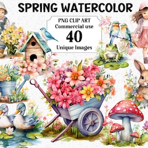 Bundle de scènes de clipart aquarelle de printemps, artisanat floral numérique, téléchargement immédiat, usage Commercial, fleurs transparentes natures PNG sublimation