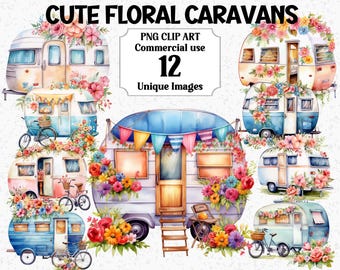 Watercolor Clipart Cute Floral Caravans Digital Vacation Camping Trailor Sublimation Instant Download Commercial Use Transparent PNG bundle