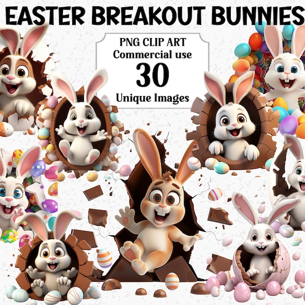 Easter Breakout Bunnies 3D style Watercolor Bunny Rabbits Clipart Digital Instant Download Commercial use Transparent PNG Sublimation bundle