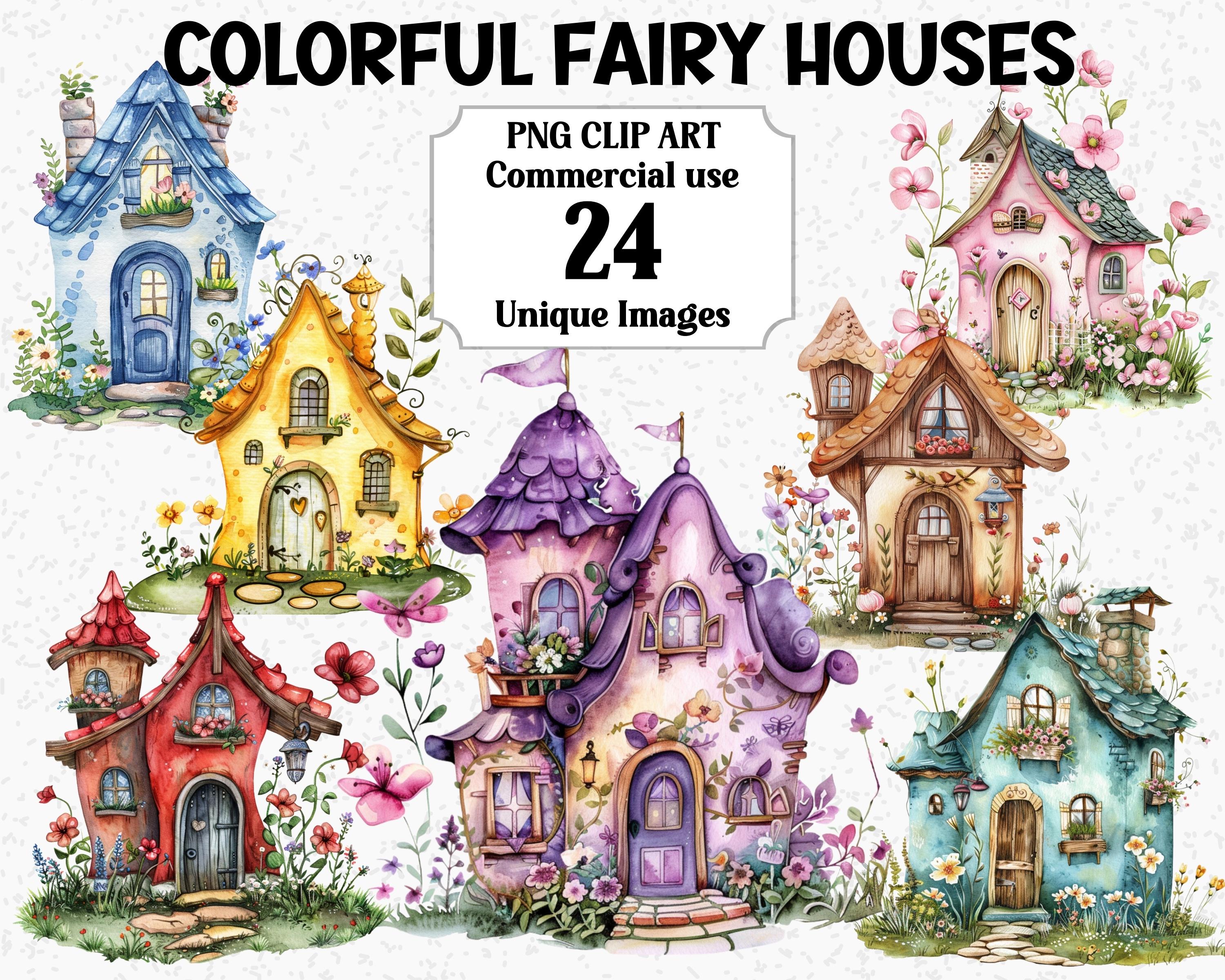 Colorful Fairy Houses Watercolor Cottages Clipart, Digital & Paper Craft, Instant Download Commercial use Transparent PNG sublimation bundle