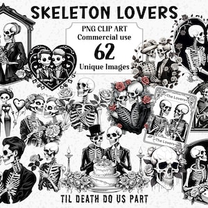 Skelett Liebhaber Gothic Aquarell Clipart, Valentinstag Hochzeit Halloween, sofortiger Download kommerzielle, transparente PNG Sublimation Bundle