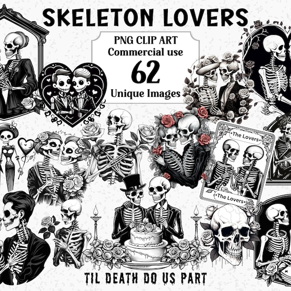 Skeleton Lovers Gothic Watercolor Clipart, Valentines Day, Wedding, Instant Download, Commercial use, Transparent PNG Sublimation Bundle