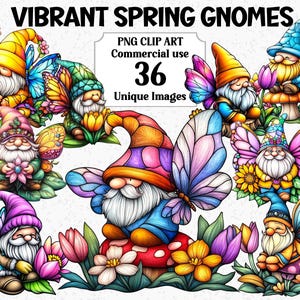 Clipart de gnomes de printemps vibrant, fleurs lumineuses mignonnes, travaux manuels numériques amusants, téléchargement immédiat, usage commercial, lot de sublimation PNG Transparent