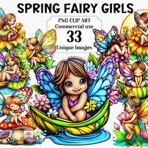 Clipart fée filles printemps, fleurs mignonnes champignons artisanat numérique floral, téléchargement immédiat, usage commercial PNG Transparent par sublimation Bundle