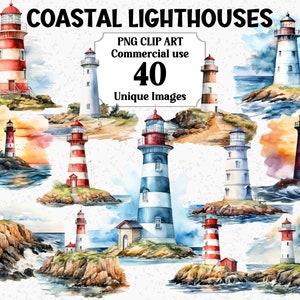 Faros costeros en acuarela (imágenes prediseñadas, digitales y en papel), descarga instantánea, uso comercial, paquete de sublimación PNG náutico transparente