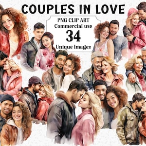 Verliebte Paare in der Liebe Valentinstag Aquarell Clipart, Handwerk Karten lädt ein, Sofort Download, kommerzielle Nutzung, Transparente PNG Sublimation Bundle