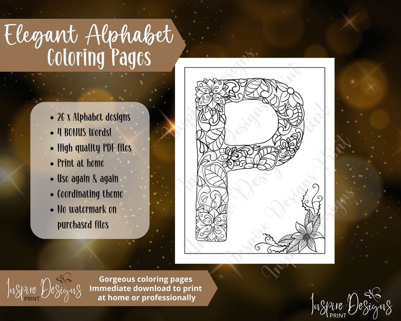 May include: A black and white printable coloring page featuring the letter P decorated with intricate floral designs. The page is part of a set of 26 alphabet designs and 4 bonus words.