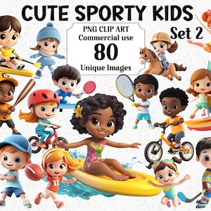 May include: A collection of cartoon children engaged in various sports activities. The image includes illustrations of kids playing baseball, tennis, hockey, riding bikes, and more. The text "CUTE SPORTY KIDS" is at the top.