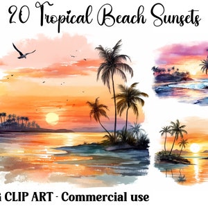 Escenas de acuarela de puestas de sol en playas tropicales, manualidades digitales y de papel, fondos marinos de descarga instantánea, paquete de archivos JPG para uso comercial