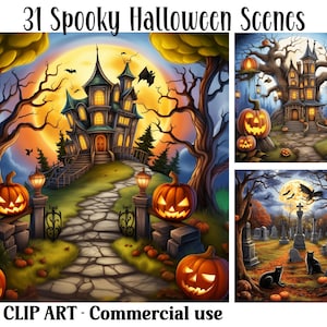 Spookachtige Halloween-scènes aquarel clipart, ambachtelijke digitale papers, Instant Download griezelig levendige leuke achtergronden, commercieel gebruik JPG-bundel